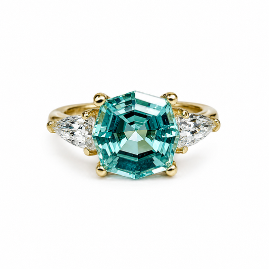 Octagon Neon Blue Paraiba Ring, Web Cut Engagement Ring, Sapphire Bullet Shape Ring, 14k Yellow Gold, #6258