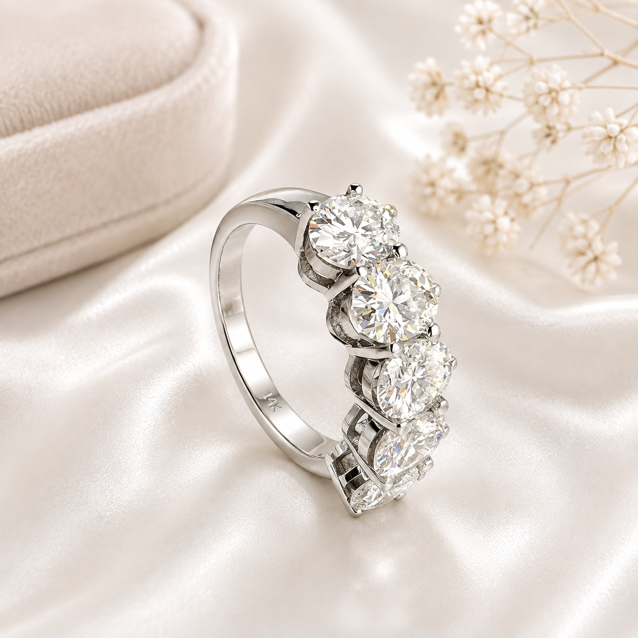 Lab grown diamond wedding band, Lab created diamond half eternity band 14k solid gold, 5 stone oval cut diamond ring, cvd diamond ring