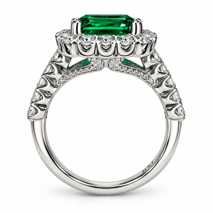 Emerald cut emerald with moissanite halo engagement ring 14k solid gold, unique vintage green emerald ring, May birthstone ring ladies #6081