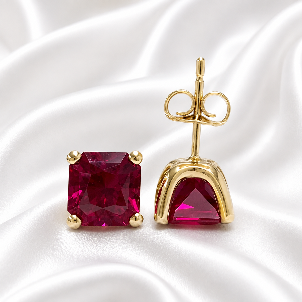 Radiant Cut Studs, 3.50CTW Blood Red Ruby Earring, Dainty Jewelry, 14k Yellow Gold, #6181