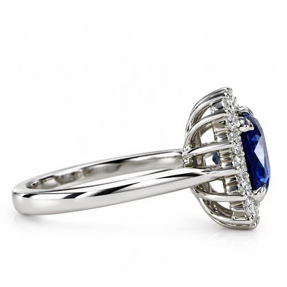 Blue Sapphire Cushion Cut And Diamond Halo Engagement Ring, 14k White Gold Blue Sapphire And Moissanite Halo Ladies Wedding Ring