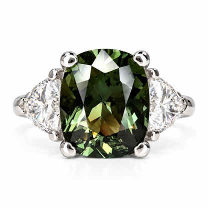 Olive Green Sapphire Engagement Ring 14K Gold , Unique Elongated Cushion Cut Olive Green Sapphire Anniversary Ring , Three Stone Ring  #7345