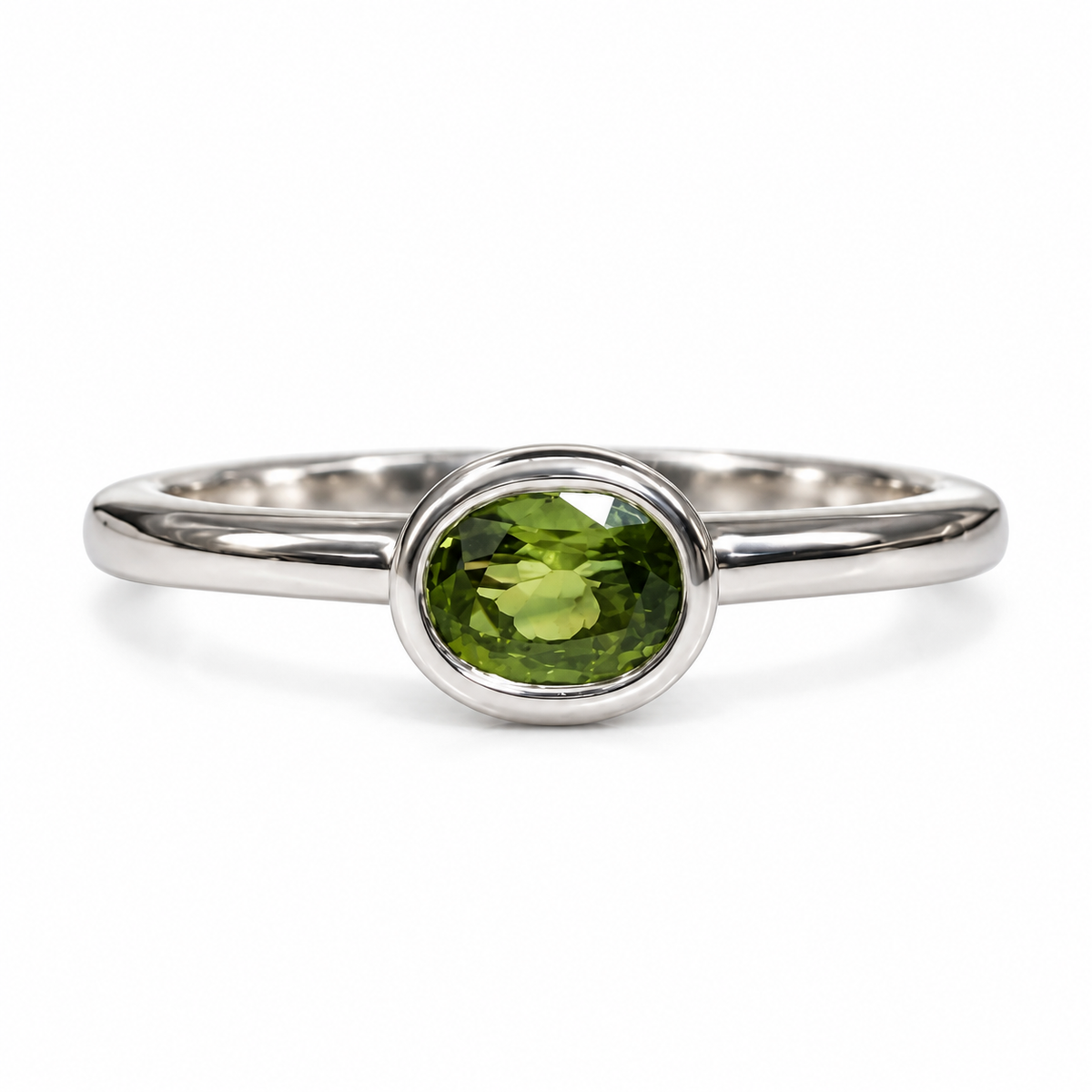 Oval Green Sapphire Ring For Women 14k Solid White Gold, Bezel Set Sapphire Minimalist Ring, Thin Unique Green Sapphire Stacking Ring, #5842