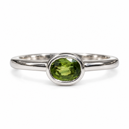 Oval Green Sapphire Ring For Women 14k Solid White Gold, Bezel Set Sapphire Minimalist Ring, Thin Unique Green Sapphire Stacking Ring, #5842