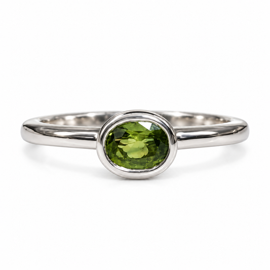 Oval Green Sapphire Ring For Women 14k Solid White Gold, Bezel Set Sapphire Minimalist Ring, Thin Unique Green Sapphire Stacking Ring, #5842