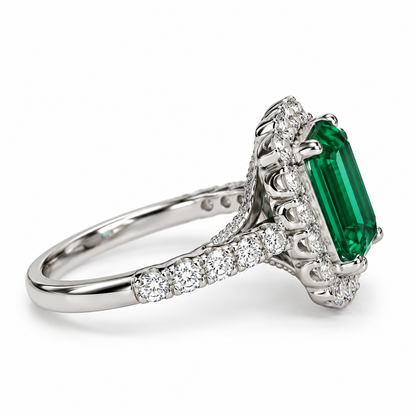 Emerald cut emerald with moissanite halo engagement ring 14k solid gold, unique vintage green emerald ring, May birthstone ring ladies #6081