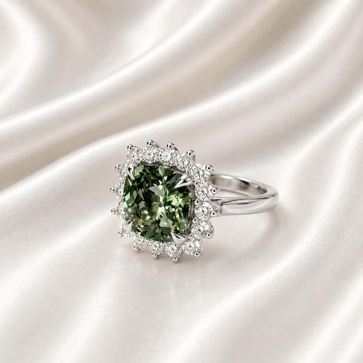 3.95 CTW Cushion Cut Olive green Sapphire Engagement Ring With Lab Grown Diamond Halo 14K Solid Gold with a Euro Shank #8852