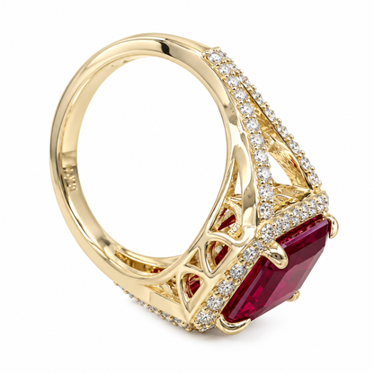 Emerald Cut Ruby and Moissanite Engagement Ring 14K Yellow Gold Unique Vintage Style Emerald Cut Halo Engagement Rings Heavy Gold Ring #7481