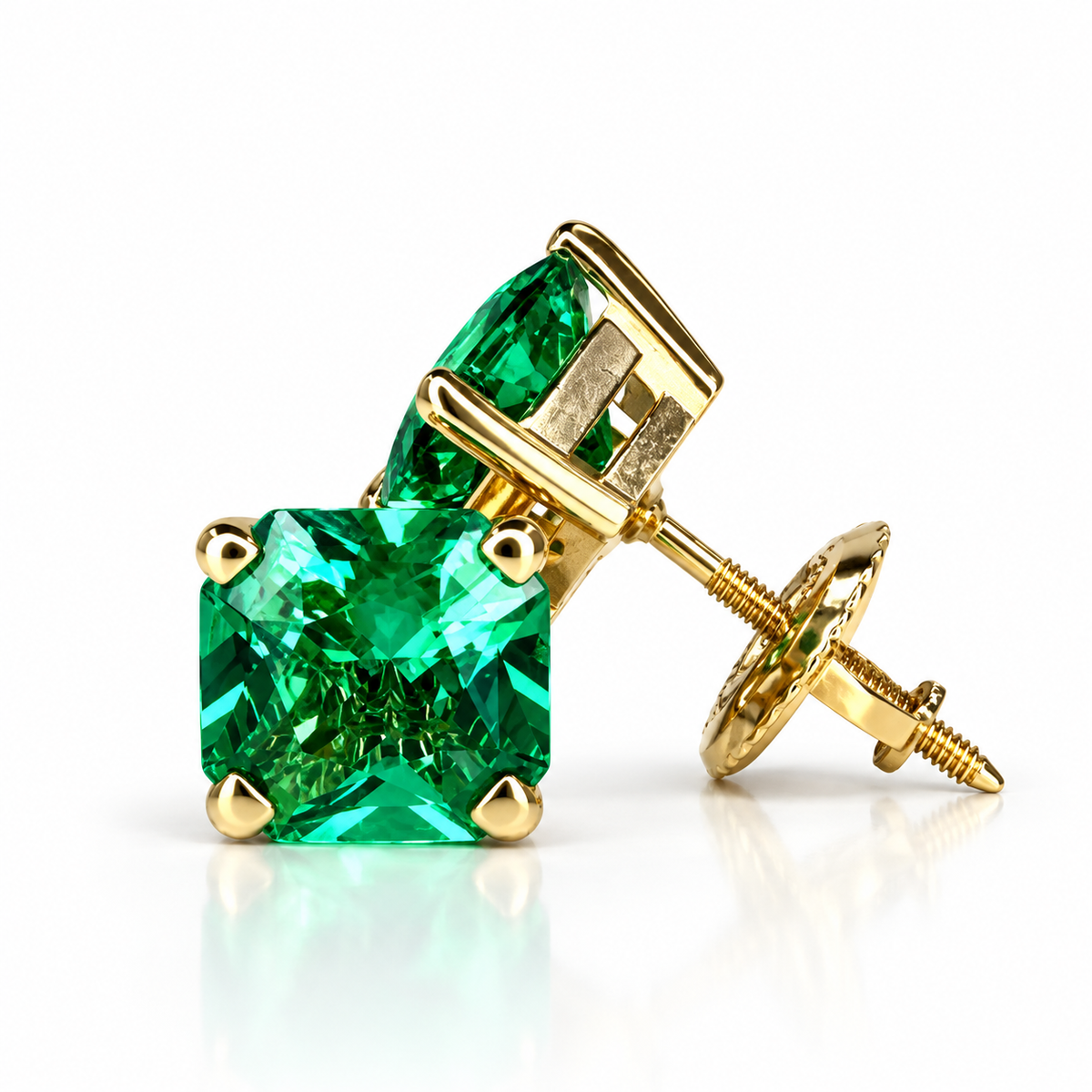 Radiant Cut Stud Earrings / Green Emerald Earrings / Screw Backs / 2.00ctw / 14k Yellow Gold / #6326