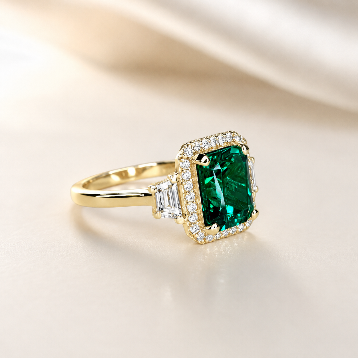 Emerald Engagement Ring, Radiant Cut Wedding Ring, Moissanite Halo Engagement Ring, Mother Ring, May Birth Stone Ring, 14k Gold, #7059