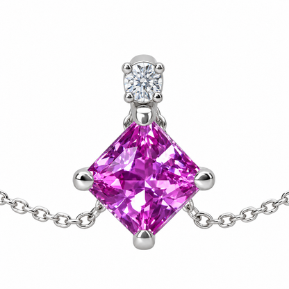 Pink Sapphire and Diamond Pendant Necklace 14K Yellow Gold, Radiant Cut Pink Sapphire Necklace, Dainty Necklace, October Birthstone,  #6476