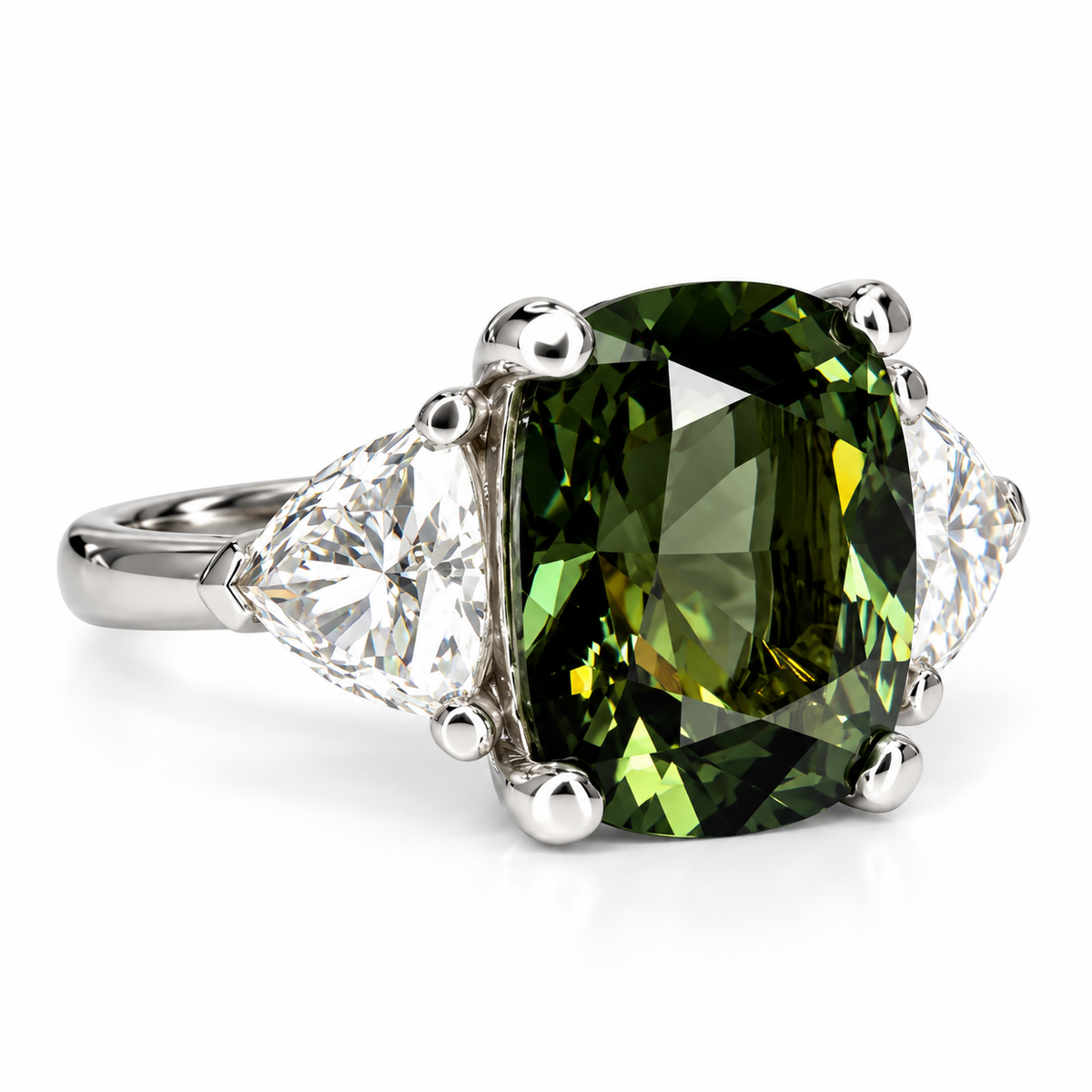 Olive Green Sapphire Engagement Ring 14K Gold , Unique Elongated Cushion Cut Olive Green Sapphire Anniversary Ring , Three Stone Ring  #7345