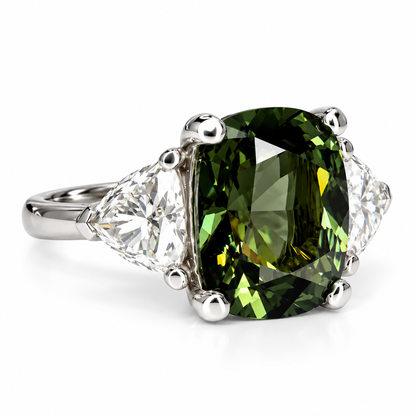 Olive Green Sapphire Engagement Ring 14K Gold , Unique Elongated Cushion Cut Olive Green Sapphire Anniversary Ring , Three Stone Ring  #7345