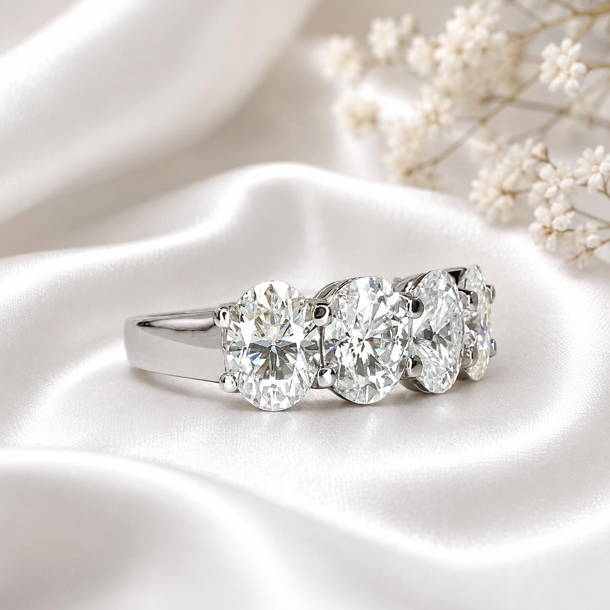 Lab grown diamond wedding band, Lab created diamond half eternity band 14k solid gold, 5 stone oval cut diamond ring, cvd diamond ring