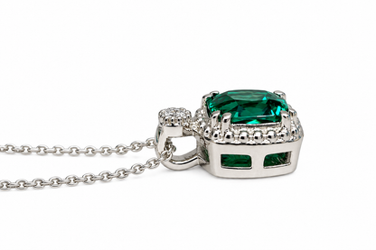 Cushion Cut Necklace / Green Emerald Necklace / Emerald And Diamond Necklace / 18"Cable Chain / 14k White gold / #6299