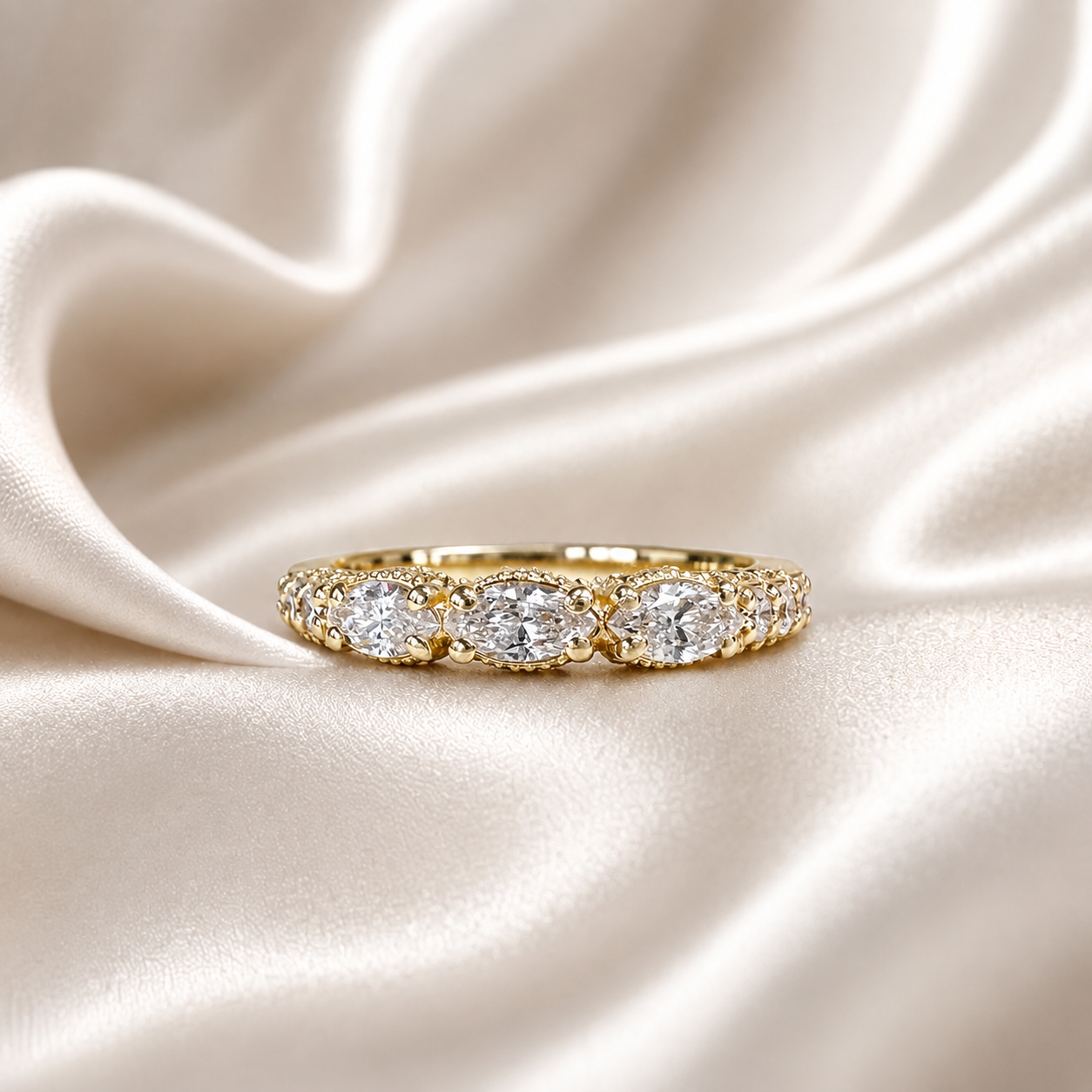 Lab Diamond Wedding Band , Unique Antique Marquis Lab Grown Diamond Stacking Band 14K Solid Gold , Half Eternity Cluster Diamond Ring #8832