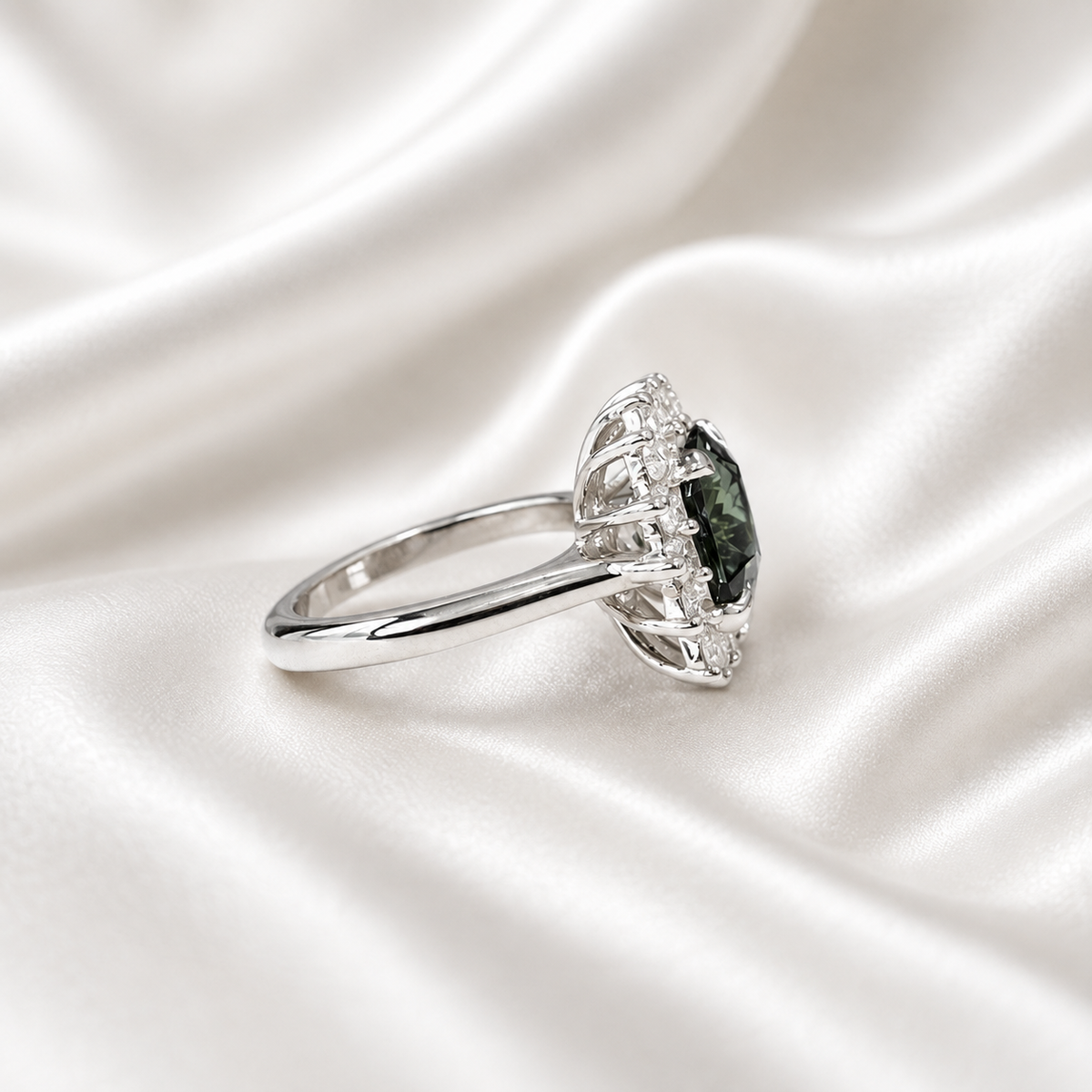 3.95 CTW Cushion Cut Olive green Sapphire Engagement Ring With Lab Grown Diamond Halo 14K Solid Gold with a Euro Shank #8852