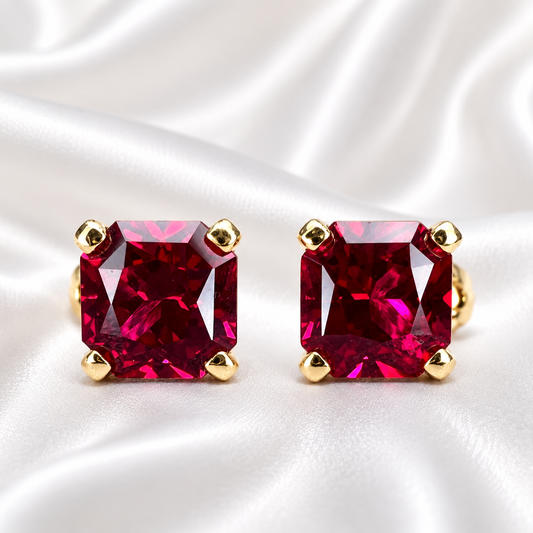 Radiant Cut Studs, 3.50CTW Blood Red Ruby Earring, Dainty Jewelry, 14k Yellow Gold, #6181