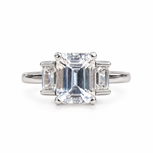 Emerald Cut Moissanite Engagement Ring, Three Stone Emerald Cut Anniversary Ring, 14k Solid White Gold 3.00ctw Wedding Ring For Ladies #5194