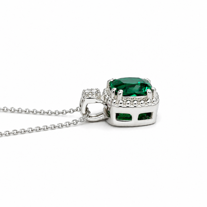 Cushion Cut Necklace / Green Emerald Necklace / Emerald And Diamond Necklace / 18"Cable Chain / 14k White gold / #6299
