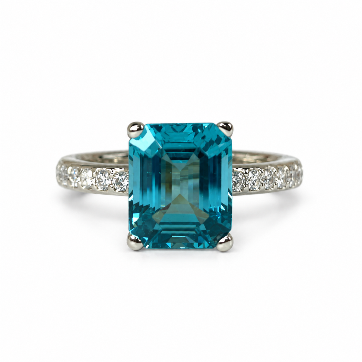 Emerald Cut Engagement Ring / Neon Blue Paraiba Wedding Ring / Paraiba and Moissanite Ring / 14k White Gold / #6268