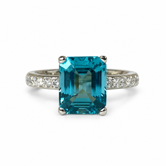 Emerald Cut Engagement Ring / Neon Blue Paraiba Wedding Ring / Paraiba and Moissanite Ring / 14k White Gold / #6268