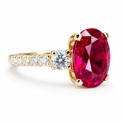 Oval Ruby With Moissanite Engagement Ring 14K Yellow Gold Vintage Three Stone Cushion Shaped Ruby Engagement Ring, July Birthstone Ring 7575
