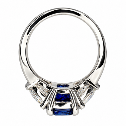 3.30. CT Elongated Cushion Cut Blue Sapphire Engagement Ring and Moissanite Trillion Accents, Blue Sapphire and Moissanite Ring  14K White Gold #6800