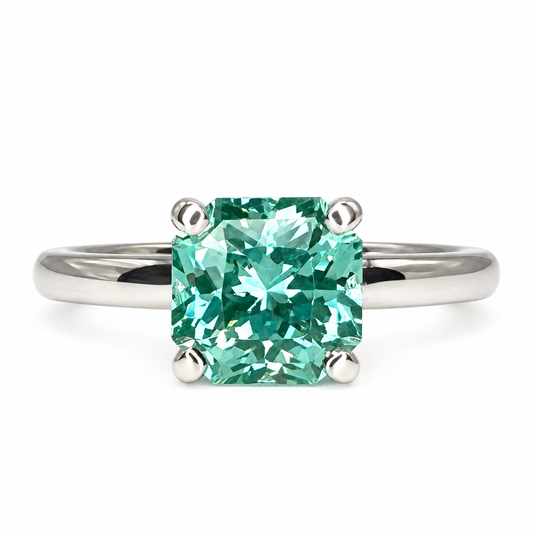 Radiant cut teal paraiba tourmaline engagement ring 14k solid gold, green tourmaline wedding ring, Solitaire paraiba proposal rings, #7939