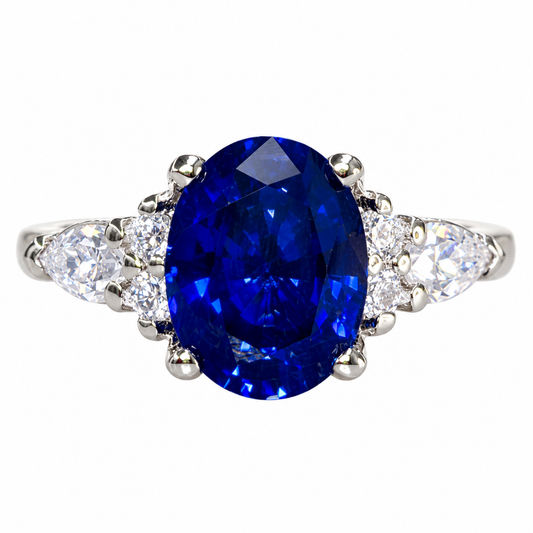 Oval Blue Sapphire Engagement Ring 14K Solid White Gold , Unique Vintage Oval Cluster Ring For Women , Blue Sapphire Engagement Rings  #7213