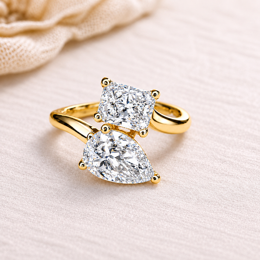Toi et Moi Pear Radiant Cut and Pear Shape Lab Diamond Ring, 2.00 CTW 14k Gold Engagement Promise #8868