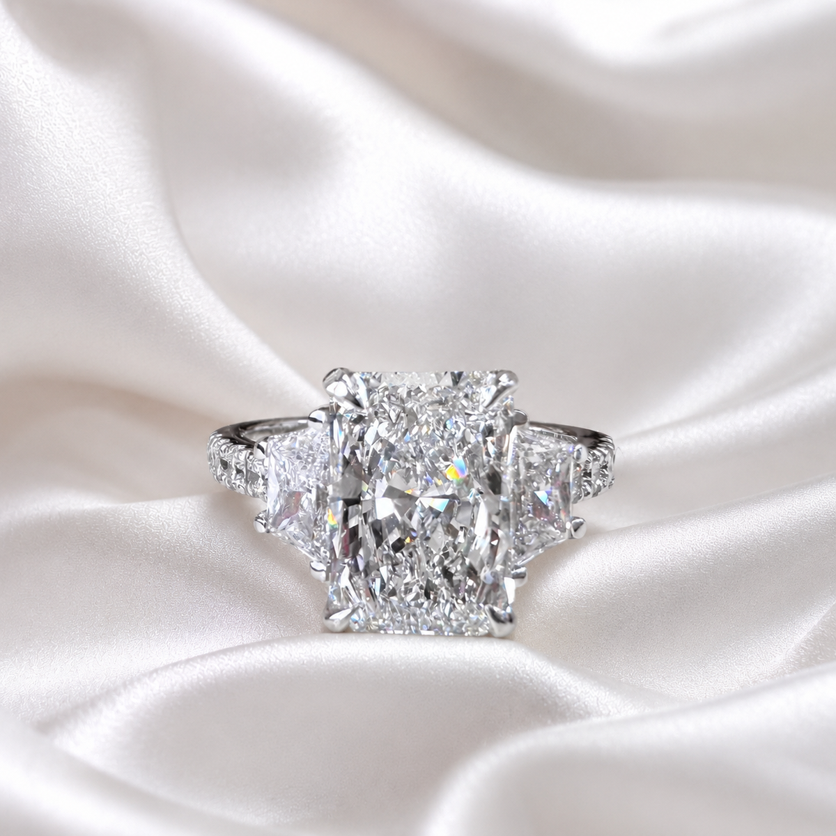 Lab Grown Diamond Engagement Ring 14K Solid Gold, Radiant Cut Three Stone Lab Diamond Wedding Ring, IGI Certified Diamond Ring for Her #8698
