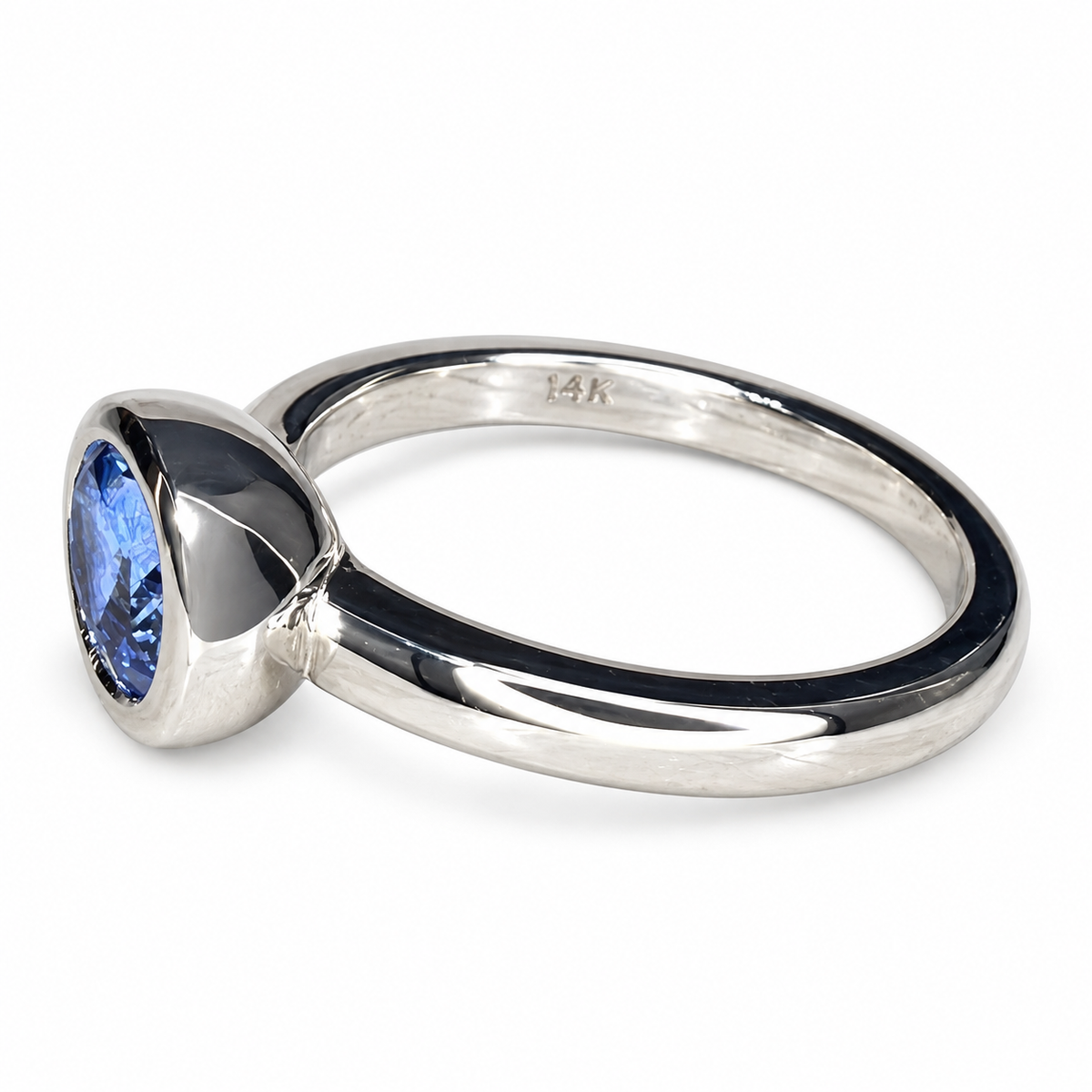 Oval cut blue sapphire bezel set ring 14K white gold, east west oval sapphire stacking ring Unique bezel set blue sapphire ladies ring #7790