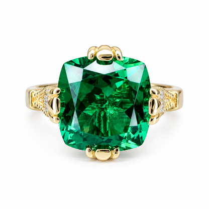 Cushion Cut Emerald And Diamond Engagement Ring, 14k Yellow Gold Cushion Cut Emerald Wedding Ring, Ladies Emerald And Diamond Ring     #5975