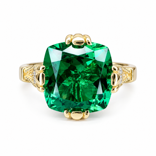 Cushion Cut Emerald And Diamond Engagement Ring, 14k Yellow Gold Cushion Cut Emerald Wedding Ring, Ladies Emerald And Diamond Ring     #5975
