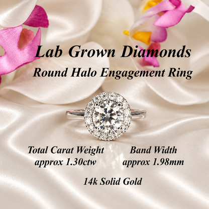 1.30 CTW Round lab grown diamond engagement ring 14k solid gold, round shaped halo lab grown cvd diamond ring Anniversary promise ring