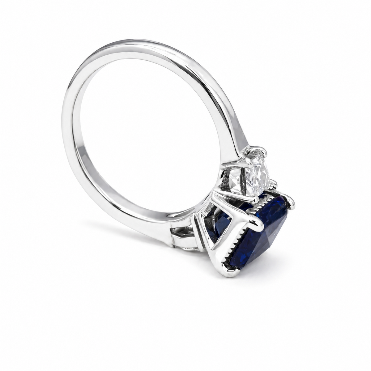 Emerald Cut Blue Sapphire Engagement Ring, Pear Lab Grown Diamonds, 14K Gold #8857
