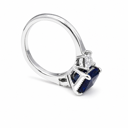 Emerald Cut Blue Sapphire Engagement Ring, Pear Lab Grown Diamonds, 14K Gold #8857