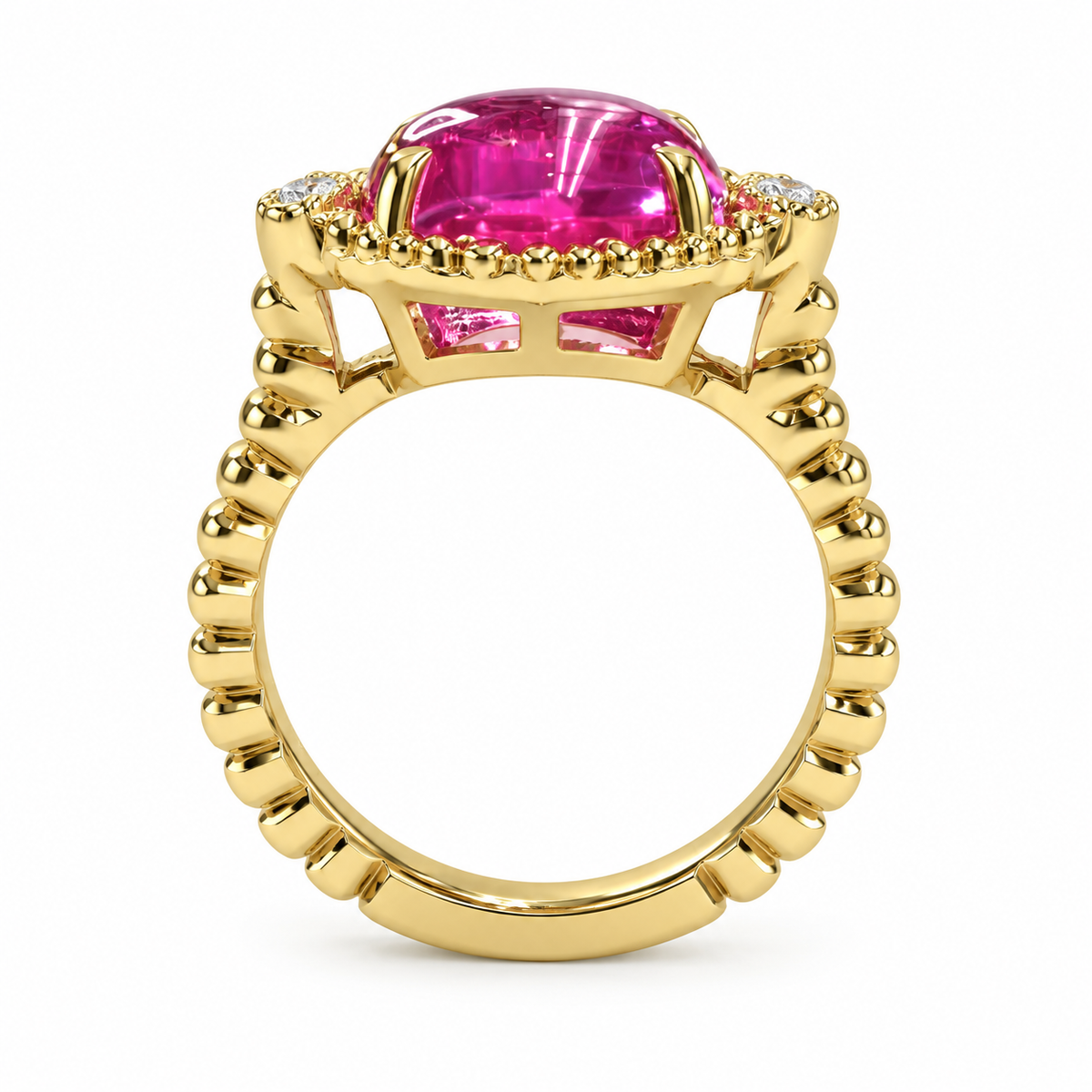 Oval Pink Engagement Ring 14K Yellow Gold Pink Sapphire Three Stone Ring For Women, Unique Cabochon Pink Sapphire Engagement Rings, #7217