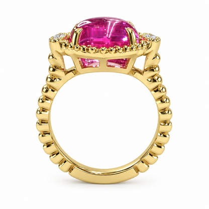 Oval Pink Engagement Ring 14K Yellow Gold Pink Sapphire Three Stone Ring For Women, Unique Cabochon Pink Sapphire Engagement Rings, #7217