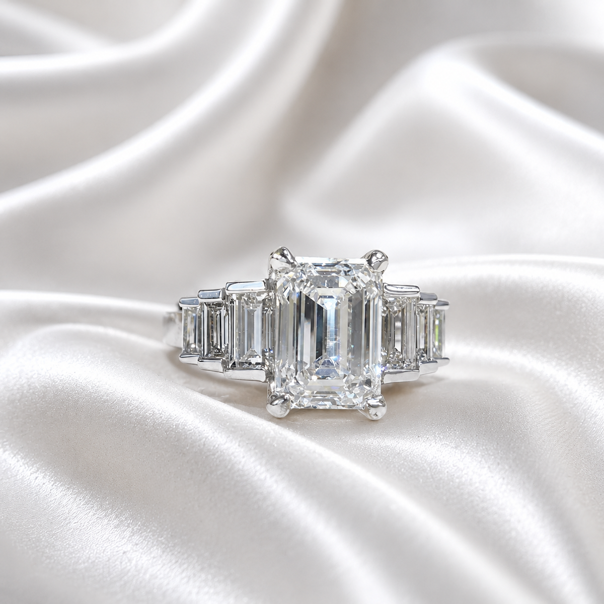 3.30 CTW 7 Stone Lab Diamond Emerald Cut Engagement Ring , Emerald Cut & Graduated Baguette Diamond Ring #8812