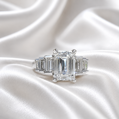 3.30 CTW 7 Stone Lab Diamond Emerald Cut Engagement Ring , Emerald Cut & Graduated Baguette Diamond Ring #8812