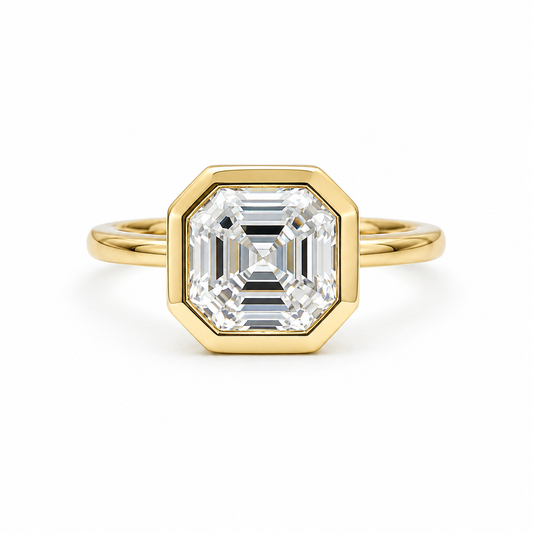Moissanite Asscher Cut Solitaire Engagement Ring, Asscher Moissanite Bezel Set Wedding Ring, 14k Yellow Gold Solitaire Moissanite Ring #5429