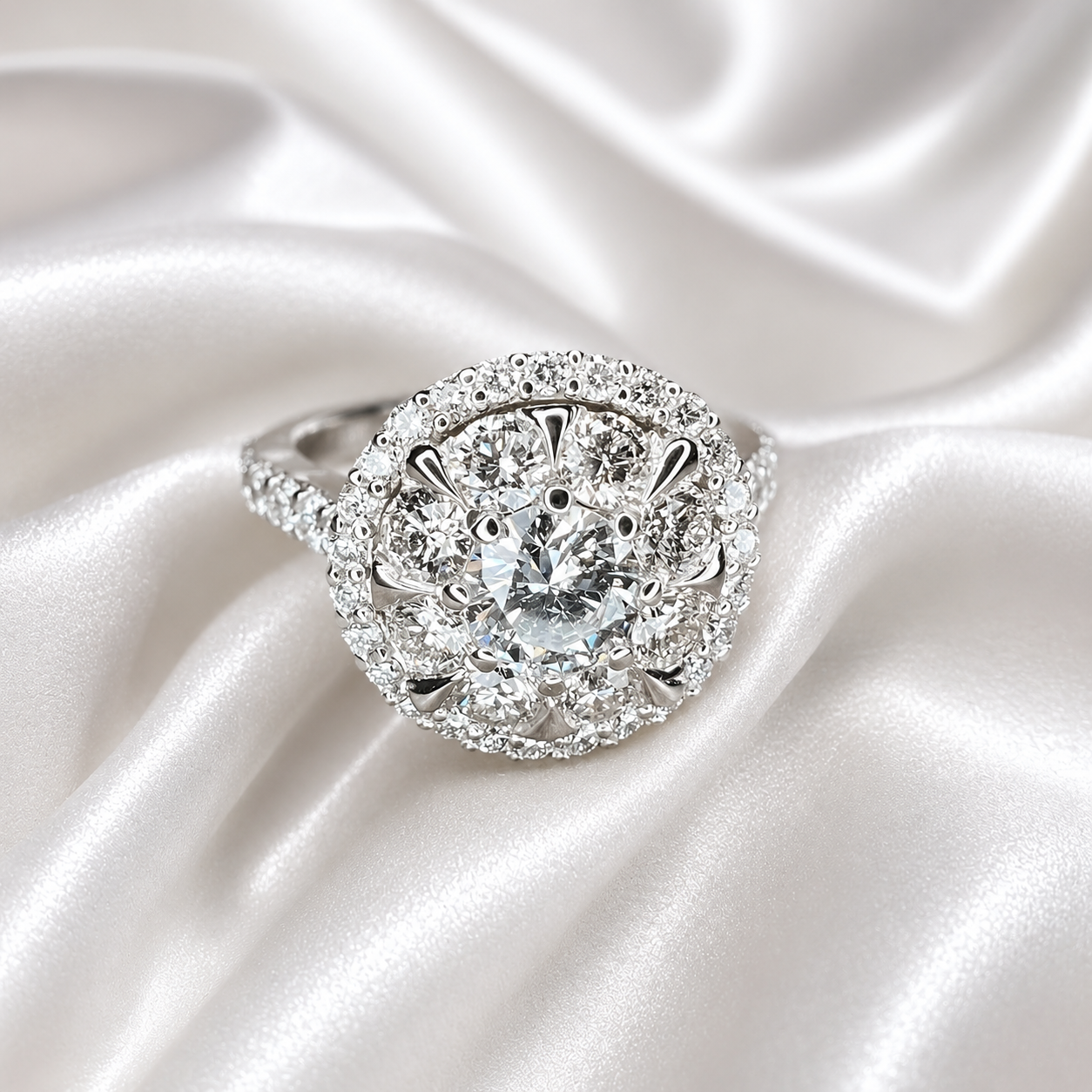 Lab grown diamond ring 14K  white gold, Round cut lab grown diamond engagement ring 14k, Lab grown diamond ring with halo Unique ring