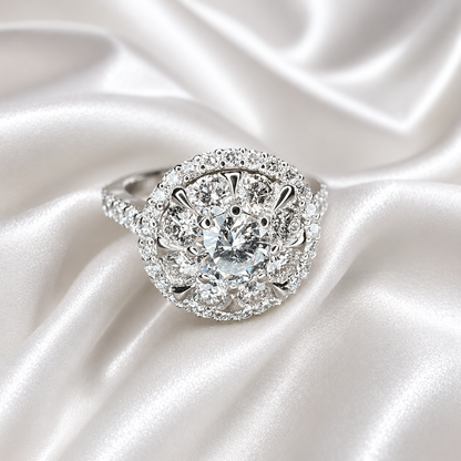 Lab grown diamond ring 14K  white gold, Round cut lab grown diamond engagement ring 14k, Lab grown diamond ring with halo Unique ring