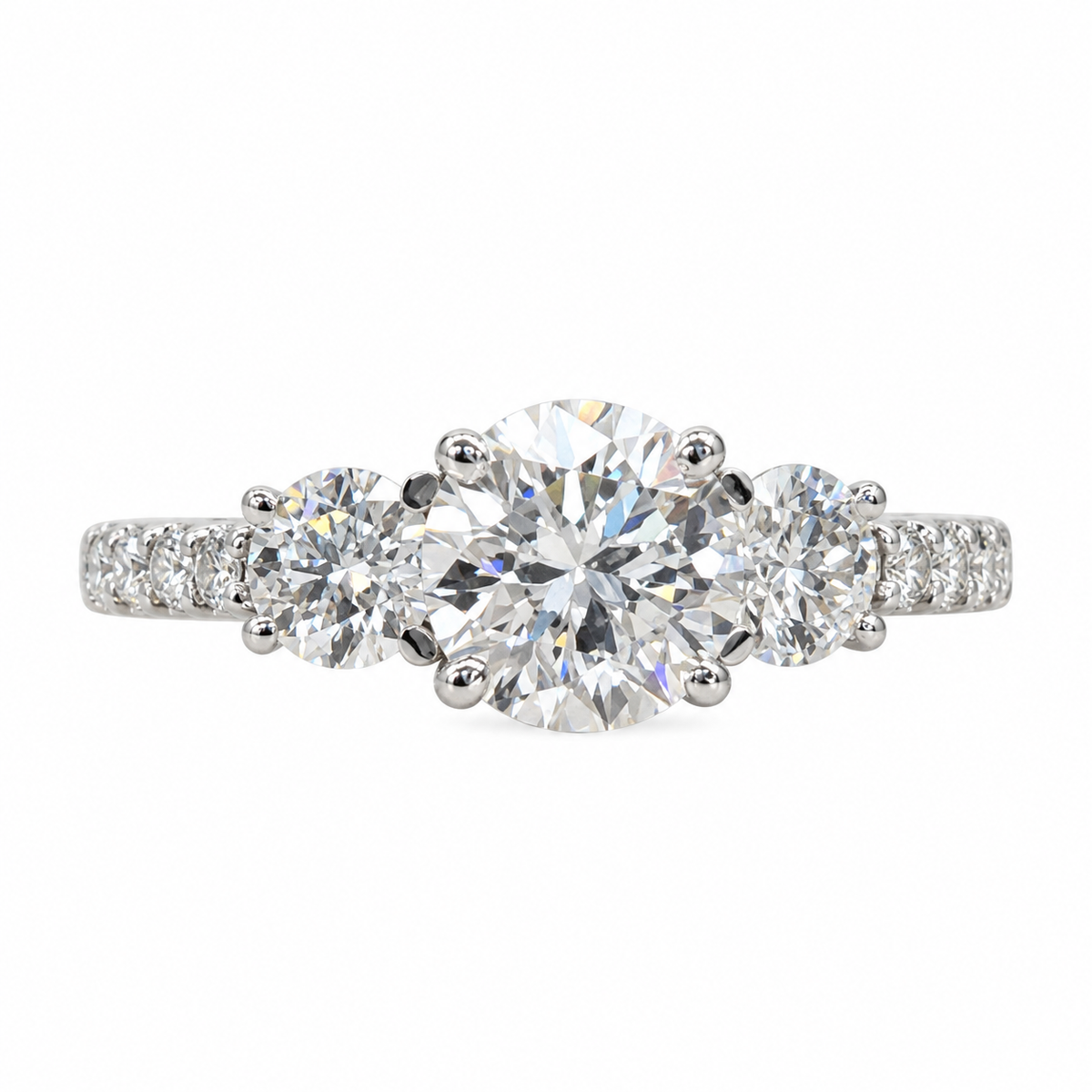 Moissanite Engagement Ring Three Stone Round 14K Solid White Gold For Women, Vintage Unique Engagement Ring, Simple Three Stone Ring,  #6659