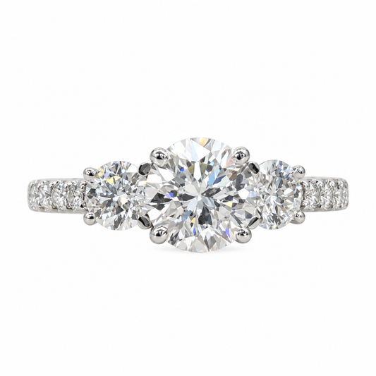 Moissanite Engagement Ring Three Stone Round 14K Solid White Gold For Women, Vintage Unique Engagement Ring, Simple Three Stone Ring,  #6659