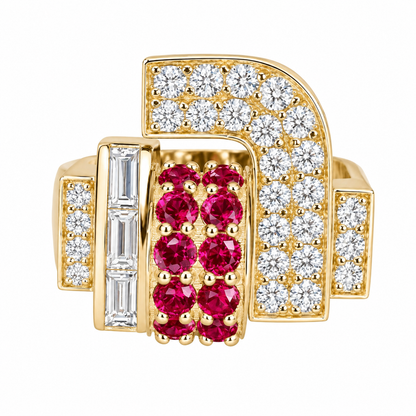 Moissanite and ruby chunky dome ring 14k solid gold art deco geometric ring unique ruby/moissanite statement ring, Unisex ruby rings #7759