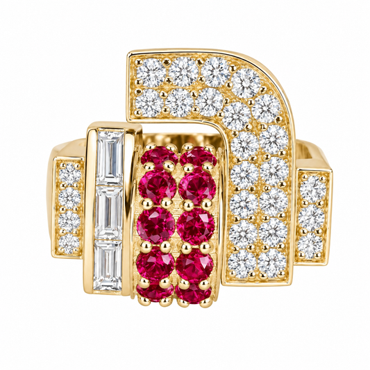 Moissanite and ruby chunky dome ring 14k solid gold art deco geometric ring unique ruby/moissanite statement ring, Unisex ruby rings #7759