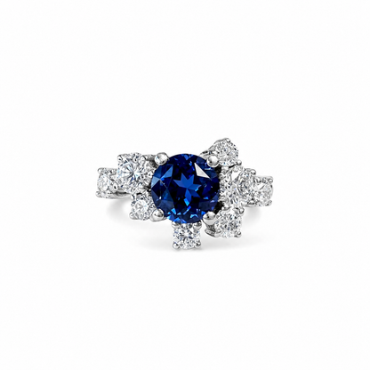 Blue Sapphire and Lab Diamond Geometric Ring 14K Solid Gold, Blue Sapphire Cluster Ring September Birthstone #8800